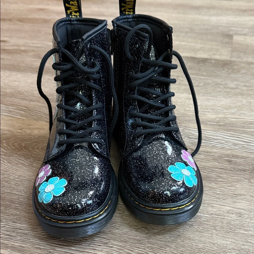 Dr. Martens Black Glitter Kids Boots with Turquoise & Purple Flower Patches